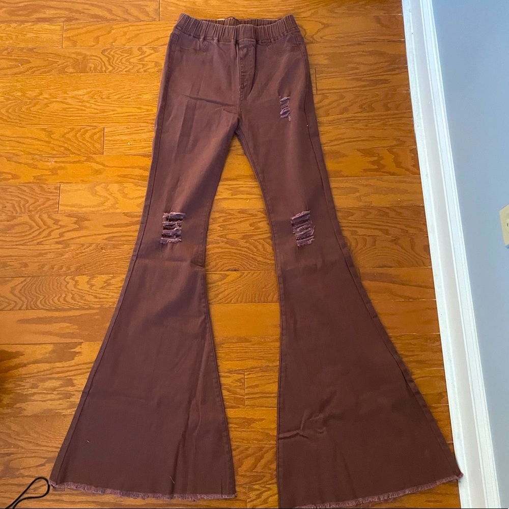 Glamour Farms Boutique Distressed Pull-On Super Flare Denim Jeans in Brown.